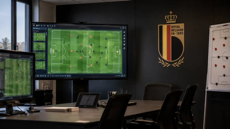 Lege videoanalysruimte met een Rode Duivels-embleem op een wandpaneel.