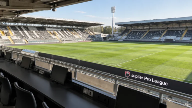 Een digitaal Jupiler Pro League-bord in een lege perstribune met zicht op het veld.