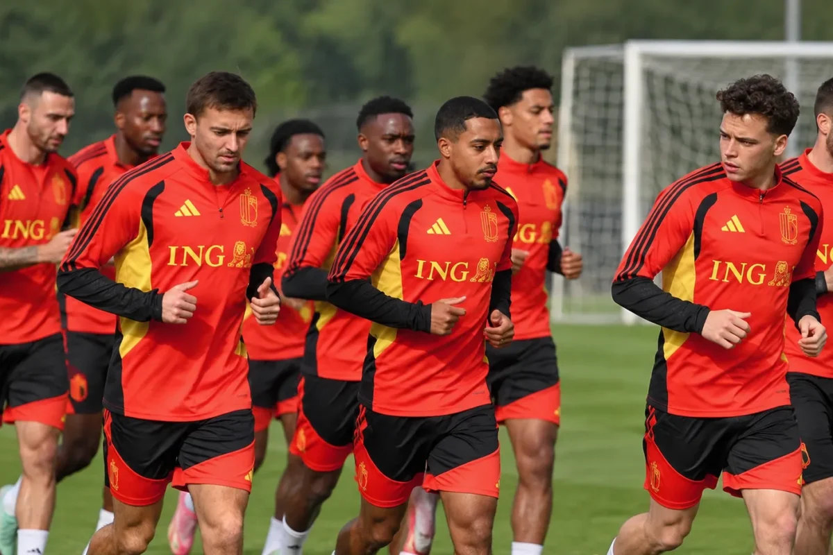 Een groep Rode Duivels loopt een warming-up op het trainingsveld.