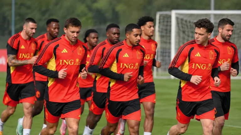 Een groep Rode Duivels loopt een warming-up op het trainingsveld.