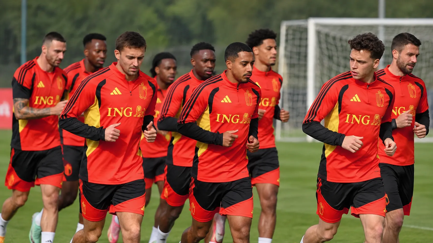 Een groep Rode Duivels loopt een warming-up op het trainingsveld.