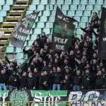 Cercle Brugge-supporters zwaaien met groen-zwarte vlaggen in de tribune.
