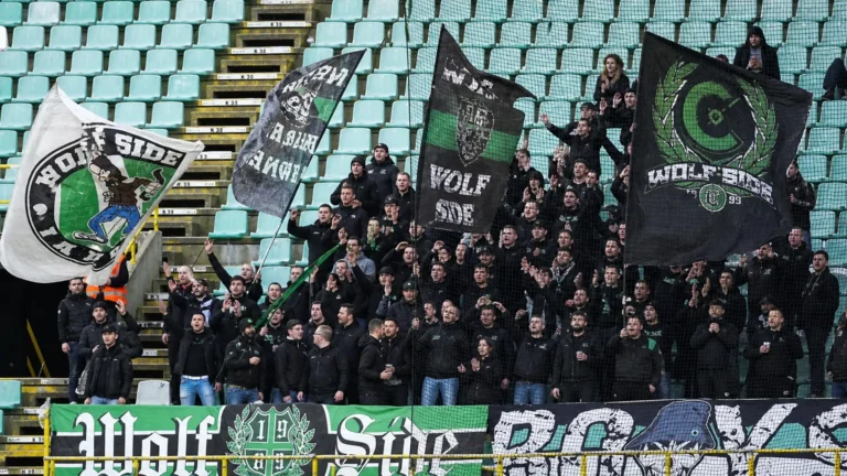 Cercle Brugge-supporters zwaaien met groen-zwarte vlaggen in de tribune.
