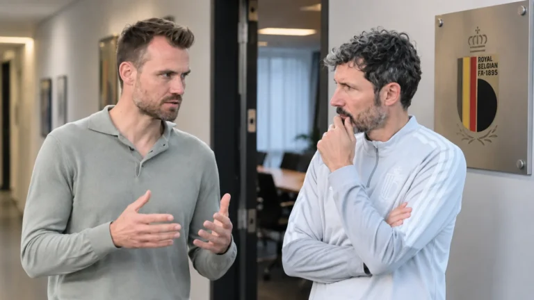 Twee niet-spelende voetbalmedewerkers in gesprek in een gang van de KBVB.
