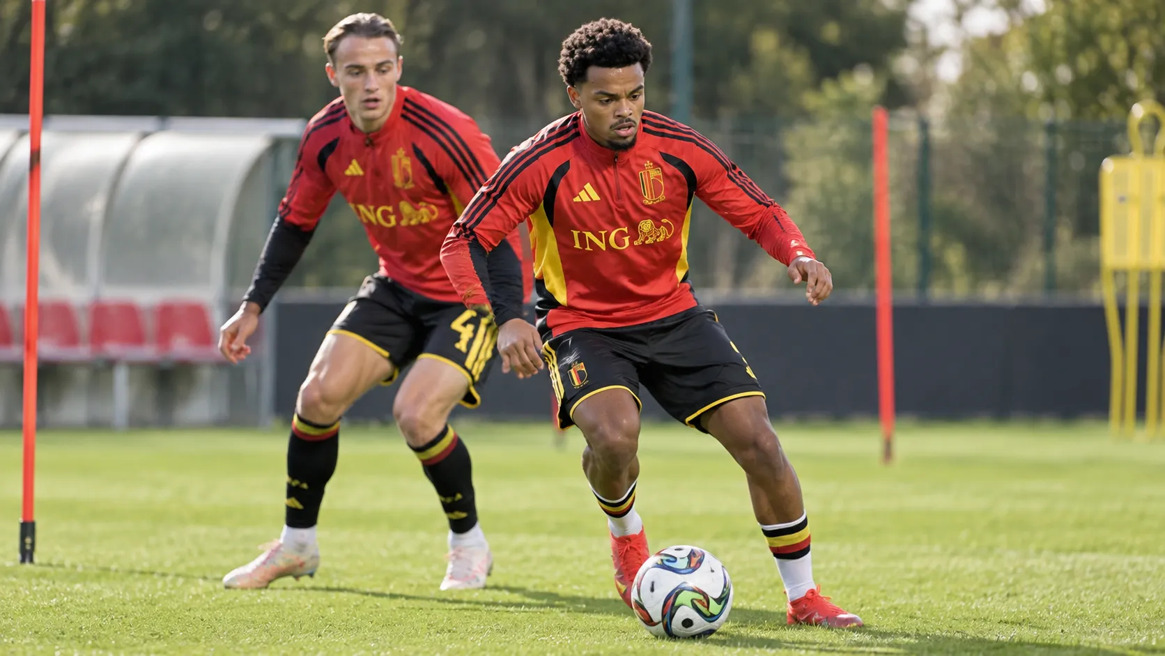 Twee voetballers in rode trainingskleding tijdens een oefensessie op het veld.