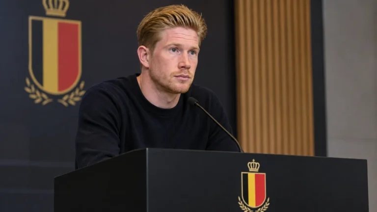Kevin De Bruyne spreekt aan een lessenaar tijdens een persmoment van de Rode Duivels.