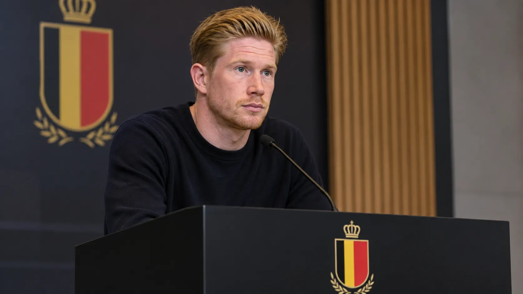 Kevin De Bruyne spreekt aan een lessenaar tijdens een persmoment van de Rode Duivels.