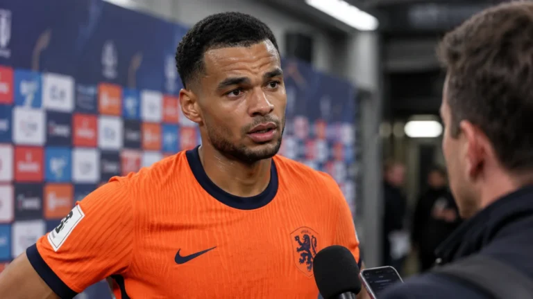 Cody Gakpo in het oranje tenue van Nederland tijdens een interview na de wedstrijd.