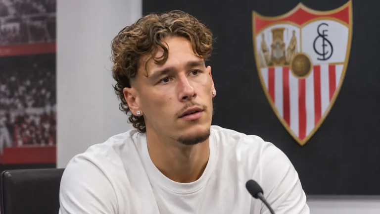 Lucas Stassin tijdens een interview in een ruimte van Sevilla met een clubembleem op de wand.