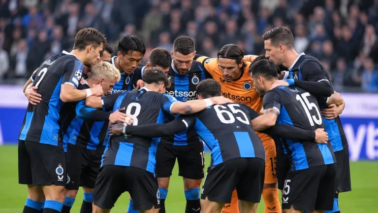 Een groep Club Brugge-spelers vormt vlak voor een wedstrijd een huddle op het veld.