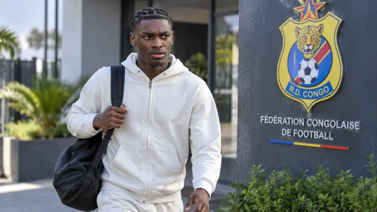 Jorthy Mokio arriveert in neutrale sportkleding bij een Congolees trainingscomplex.