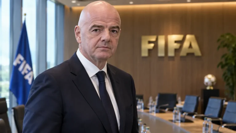 Gianni Infantino in donker pak in een FIFA-bestuursruimte met een FIFA-embleem aan de wand.