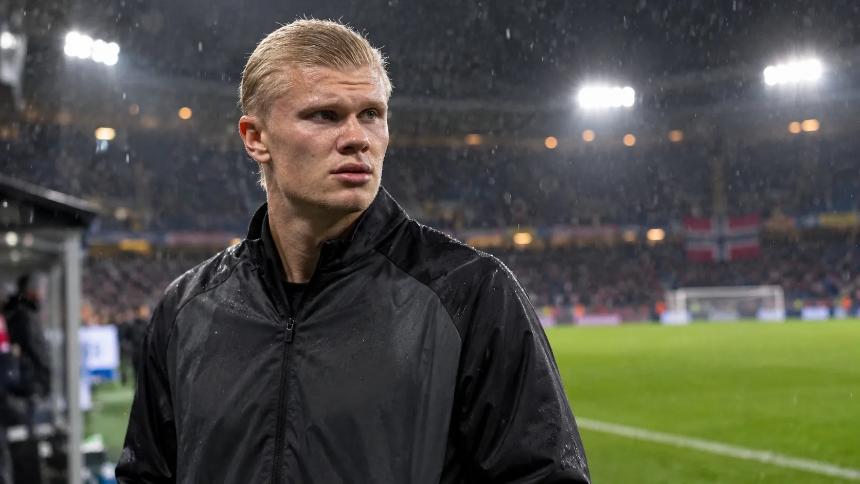 Erling Haaland in een zwarte trainingsjas aan de rand van een verlicht voetbalveld.