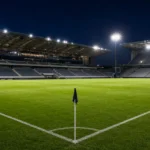 Een leeg verlicht voetbalstadion bij avond, met het speelveld en de tribunes in beeld.