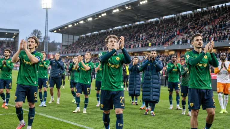 Een groep voetballers in groene wedstrijdkleding groet supporters na een wedstrijd.