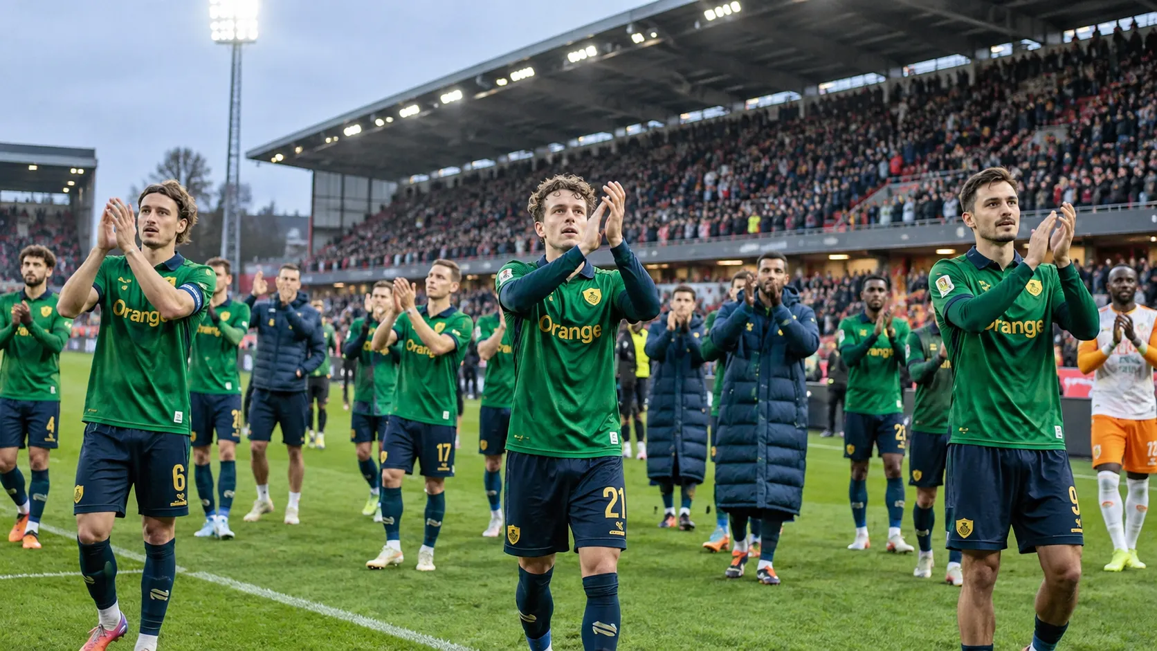 Een groep voetballers in groene wedstrijdkleding groet supporters na een wedstrijd.