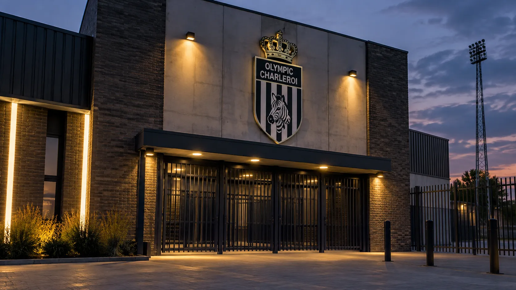 De afgesloten ingang van Olympic Charleroi met het clubembleem op de gevel.