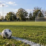 Leeg amateurvoetbalveld met een bal bij de zijlijn en een doel op de achtergrond.