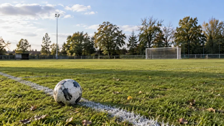 Leeg amateurvoetbalveld met een bal bij de zijlijn en een doel op de achtergrond.