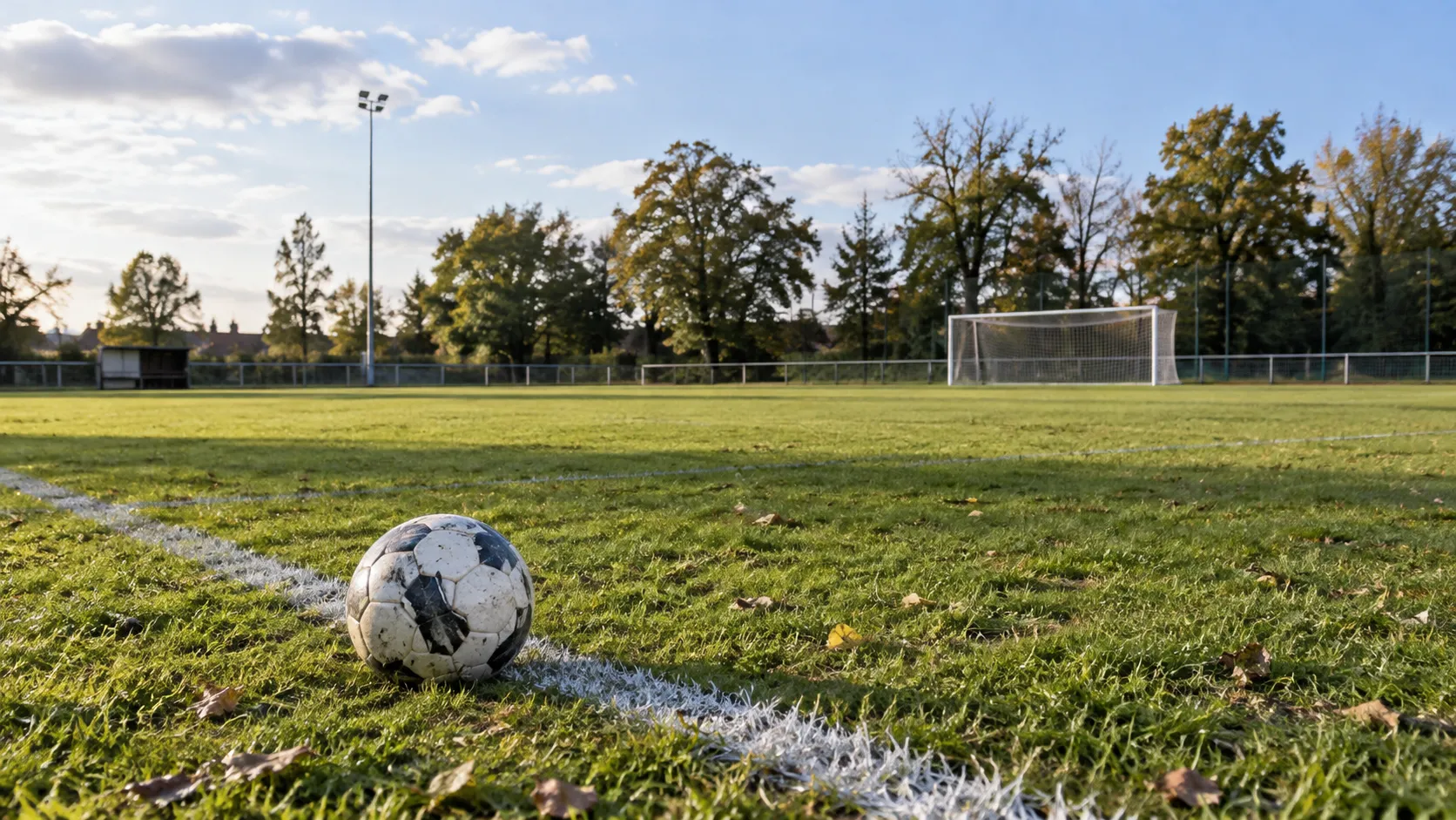 Leeg amateurvoetbalveld met een bal bij de zijlijn en een doel op de achtergrond.