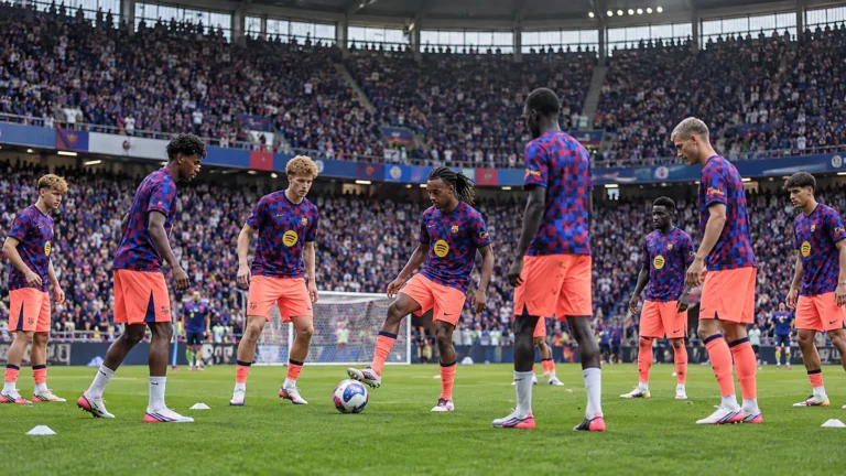 Een groep voetballers warmt op met een bal op het veld voor een volle tribune.