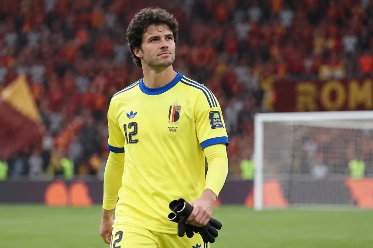Senne Lammens in het gele doelmanstenue van België na de wedstrijd in Rome.