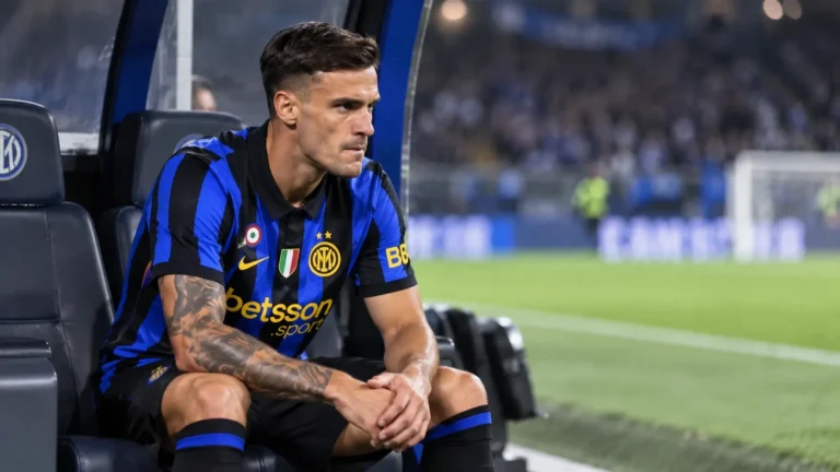 Aleksandar Stankovic in Inter-tenue op de bank naast het veld.