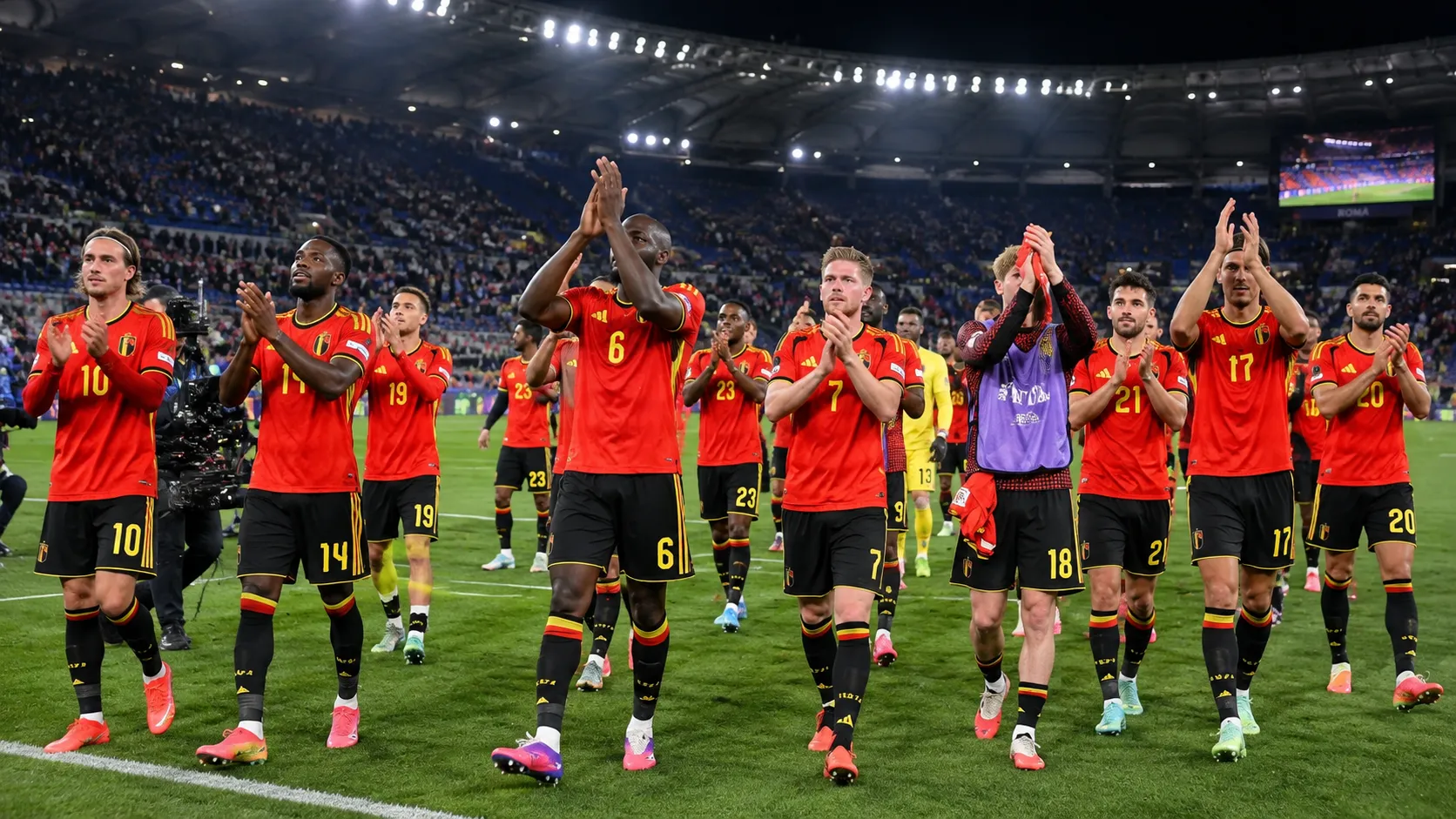 Belgische spelers in rode nationale tenues applaudisseren na een wedstrijd in het stadion.