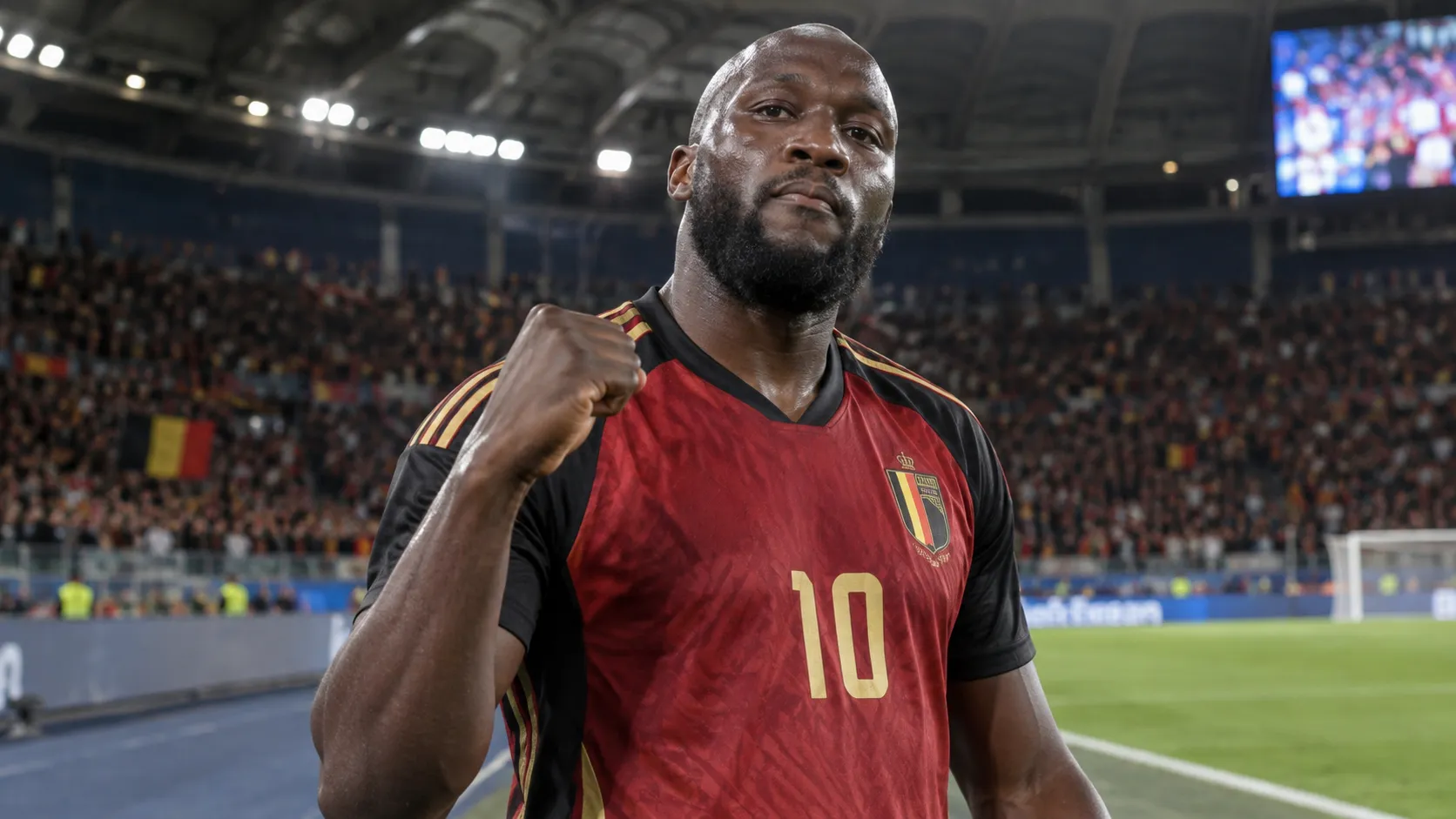 Romelu Lukaku maakt na de wedstrijd een gebaar in het Belgische tenue.
