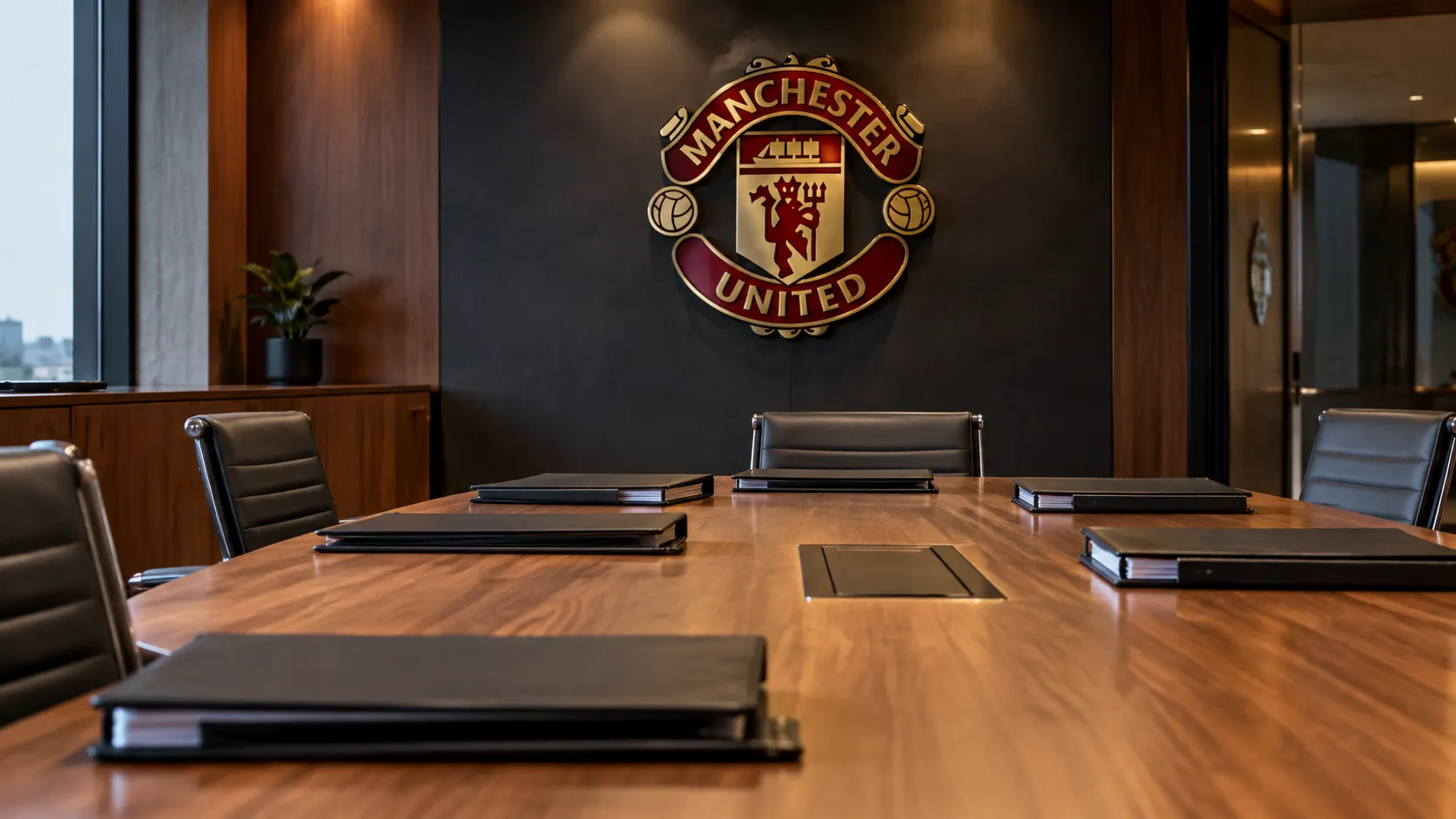 Lege vergaderzaal van Manchester United met een clubembleem aan de wand.