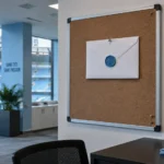 Een lege communicatieruimte van Manchester City met een officiële brief op een vast prikbord.