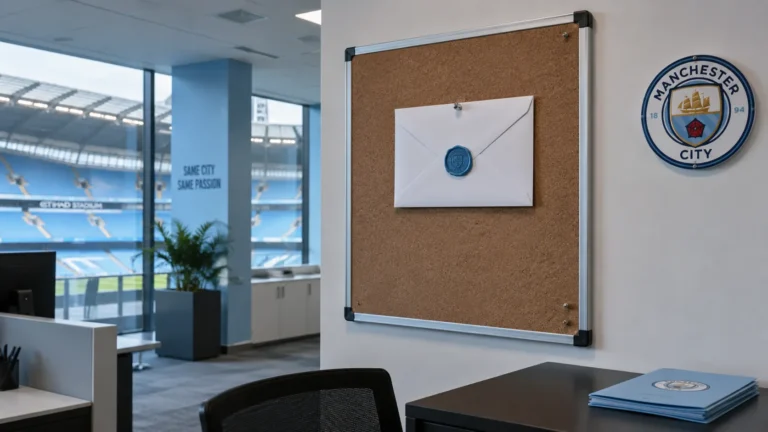 Een lege communicatieruimte van Manchester City met een officiële brief op een vast prikbord.