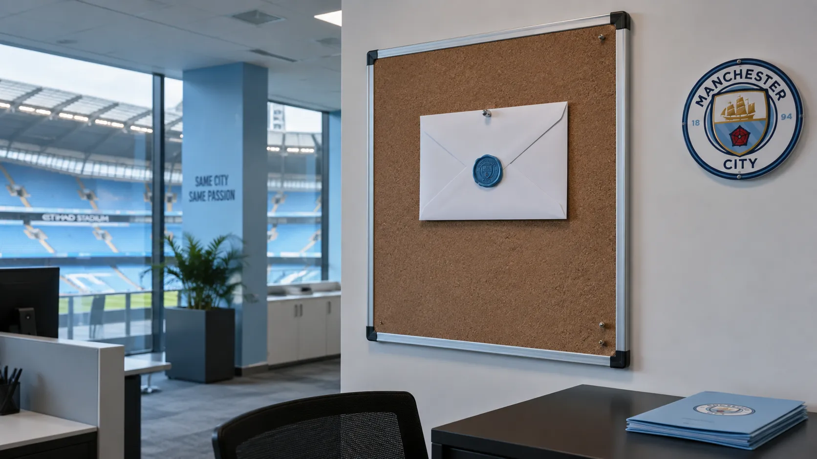 Een lege communicatieruimte van Manchester City met een officiële brief op een vast prikbord.