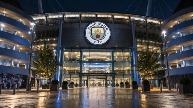 De ingang van een stadiongebouw van Manchester City met het clubembleem aan de gevel.