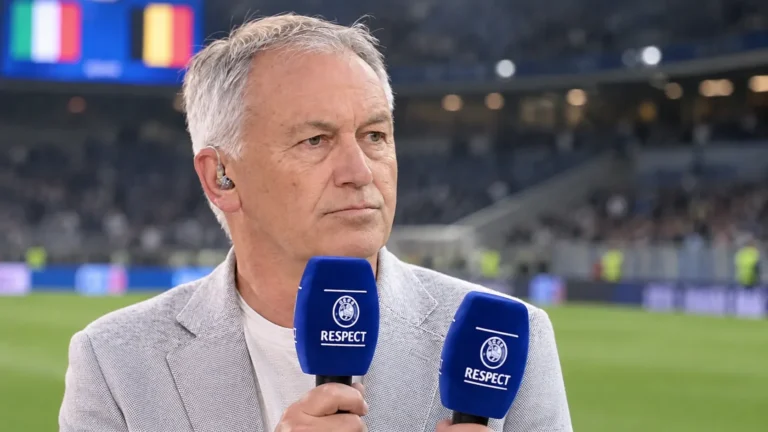 Marc Degryse spreekt als analist met een microfoon in een stadionomgeving.