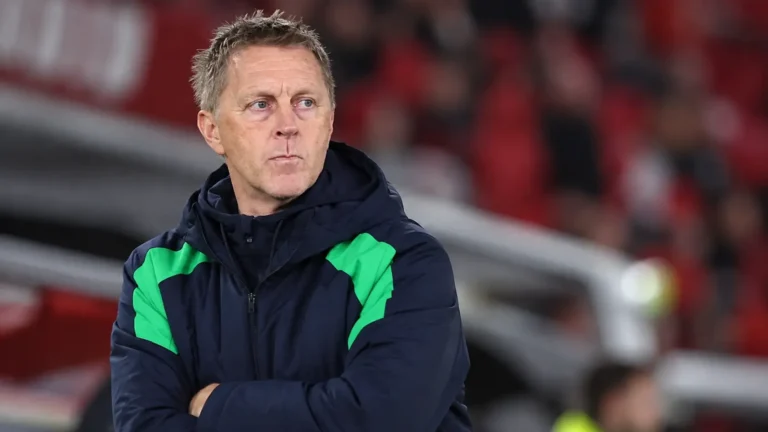 Een Ierse coach in de technische zone van een stadion voor een interland.