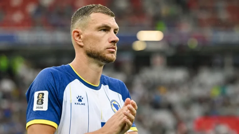 Edin Dzeko in het tenue van Bosnië en Herzegovina in een stadion.