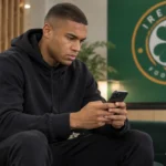 Gavin Bazunu zit in een ruimte van de Ierse nationale ploeg met een smartphone in de hand.