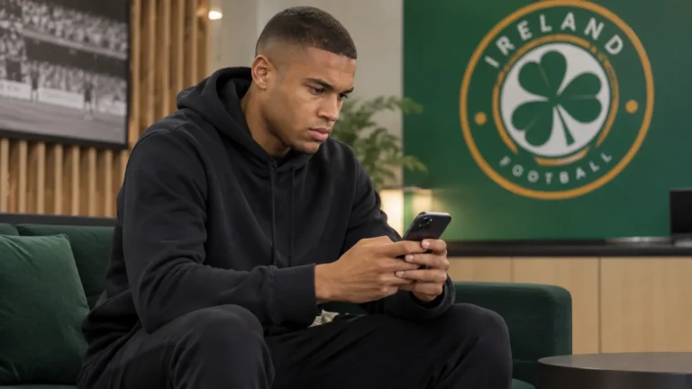 Gavin Bazunu zit in een ruimte van de Ierse nationale ploeg met een smartphone in de hand.