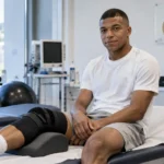 Kylian Mbappé zit in een medische herstelruimte van Real Madrid met zijn linkerknie ondersteund.