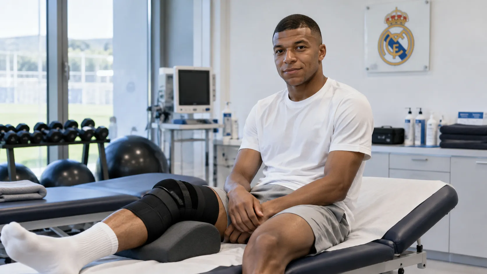 Kylian Mbappé zit in een medische herstelruimte van Real Madrid met zijn linkerknie ondersteund.
