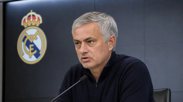 José Mourinho spreekt tijdens een persconferentie van Real Madrid.