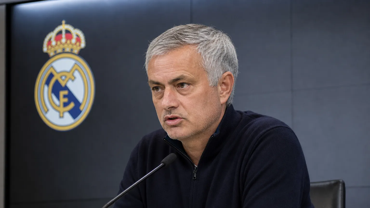 José Mourinho spreekt tijdens een persconferentie van Real Madrid.