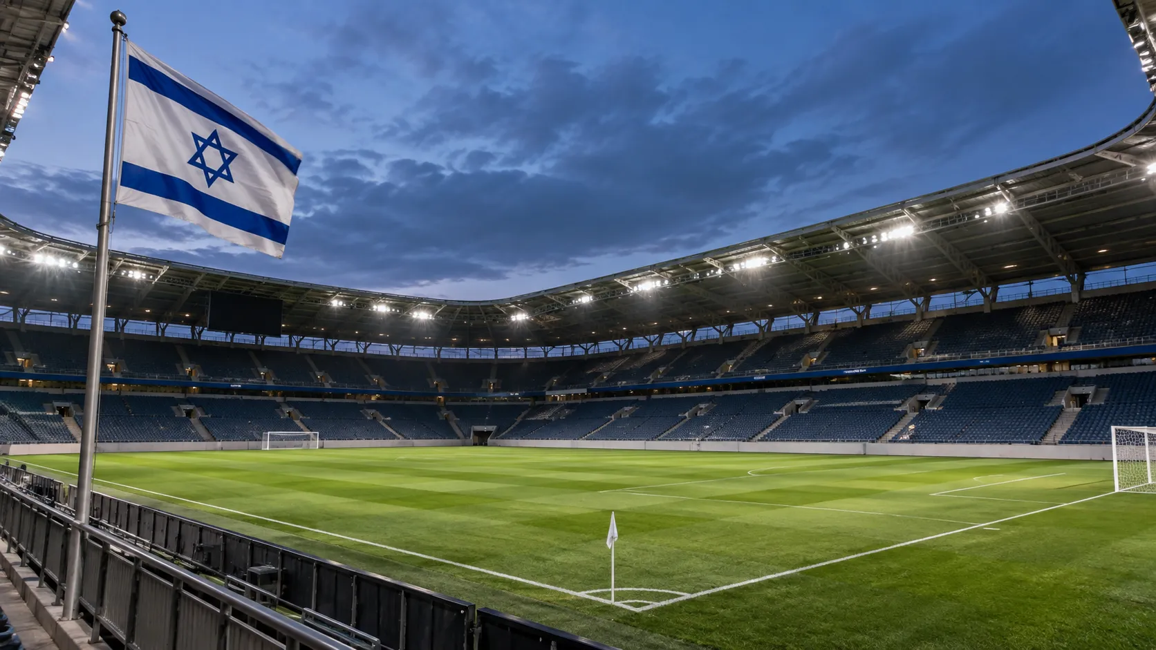 Een leeg voetbalstadion met een Israëlische vlag aan een vaste vlaggenmast naast het veld.
