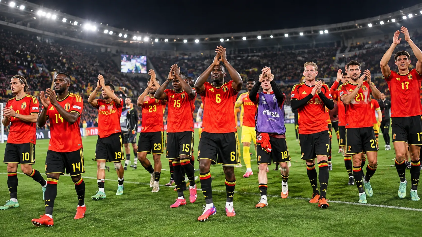 Een groep Belgische internationals applaudisseert samen op het veld in een stadion.