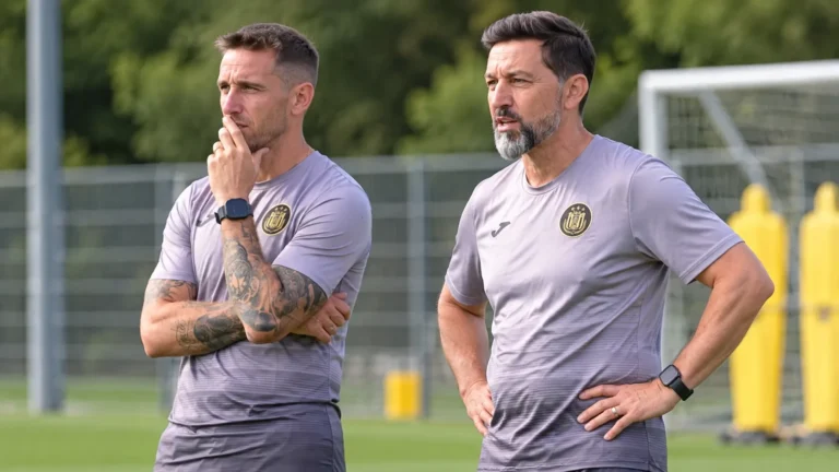 Twee leden van een technische staf in trainingskleding langs een oefenveld.