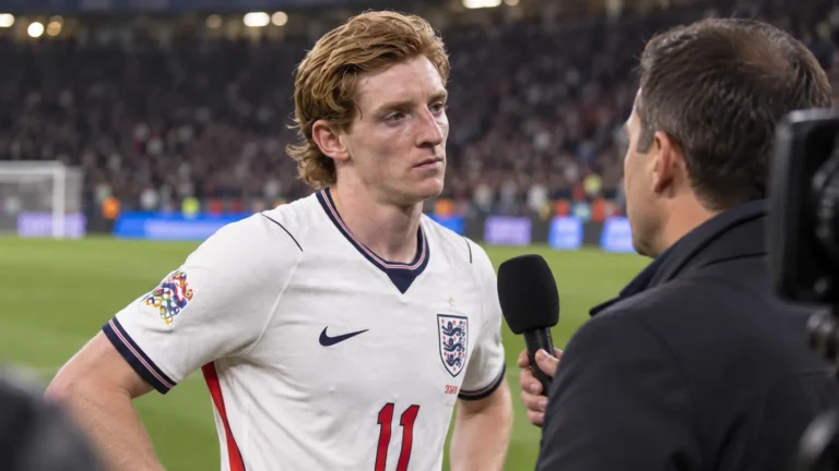 Anthony Gordon in het witte shirt van Engeland tijdens een interview langs het veld.