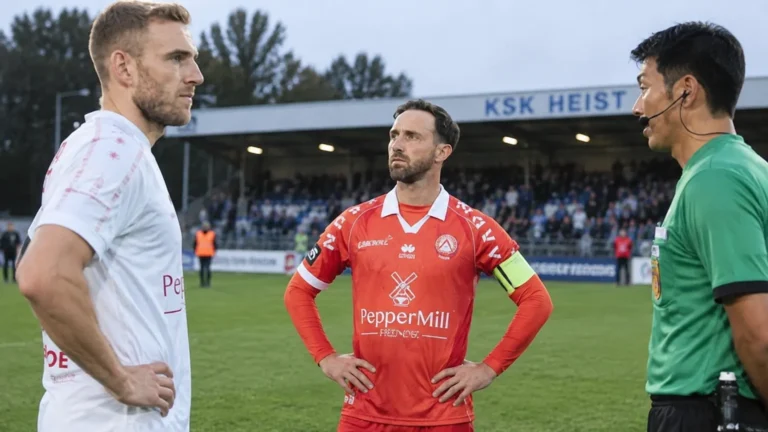 Een speler in rood van KSK Heist met een tegenstander en scheidsrechter op het veld.