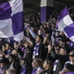 Een groep Beerschot-supporters met paarse en witte vlaggen in de tribune.