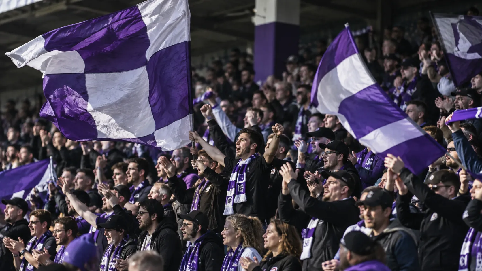 Een groep Beerschot-supporters met paarse en witte vlaggen in de tribune.